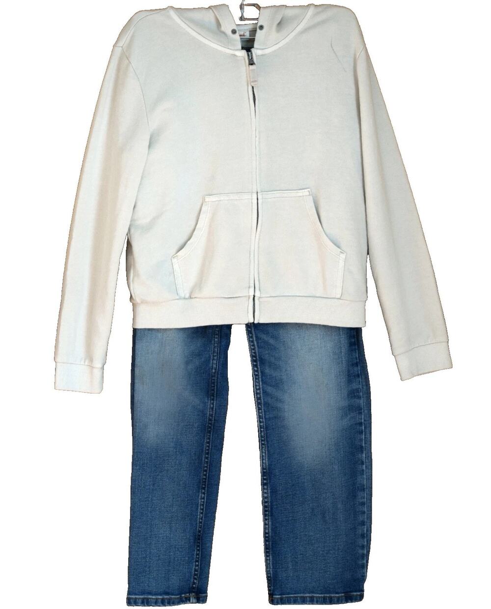 Cat & Jack Boys Fleece Zipped Beige Hoodie and Straight Leg Jeans Outfit Size 14
